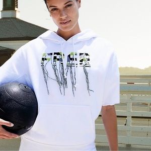 Free People Small Short Sleeve Fringed Spellout Pullover Hoodie NWT